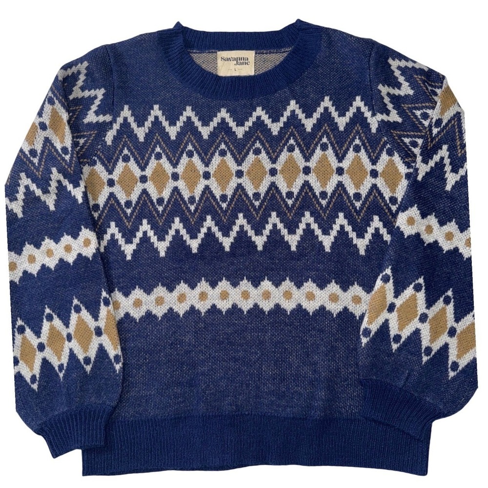 Savanna Jane Navy Blue Geometric Intarsia Knit Sweater Womens Large